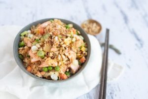 Cooking … Salmon and pine nut fried rice